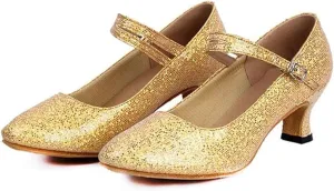 Women’s Ballroom Latin Dance Shoes, Glitter Leather Closed Toe Heels Shoes Cowhide Sole for Indoors