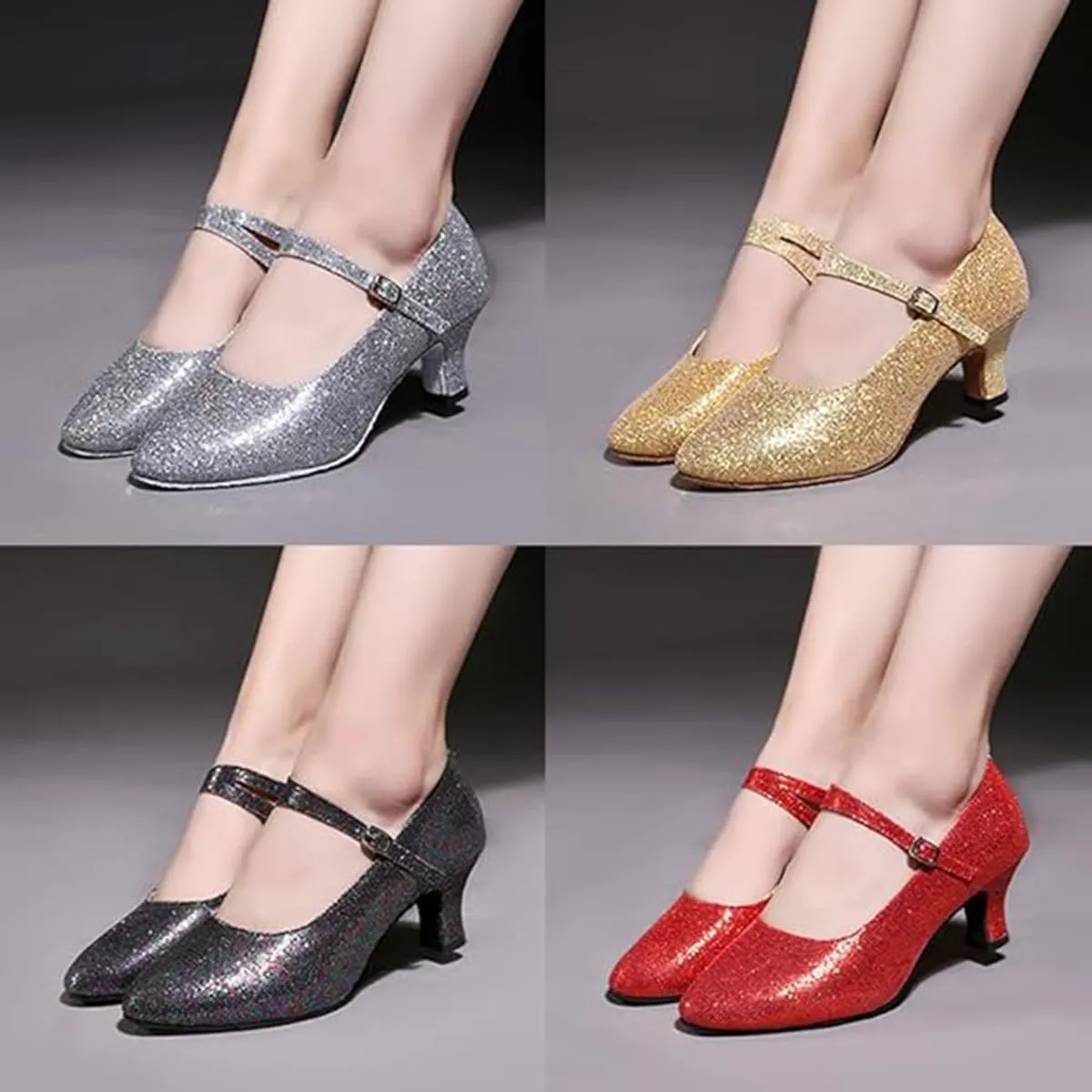 Women’s Ballroom Latin Dance Shoes, Glitter Leather Closed Toe Heels Shoes Cowhide Sole for Indoors