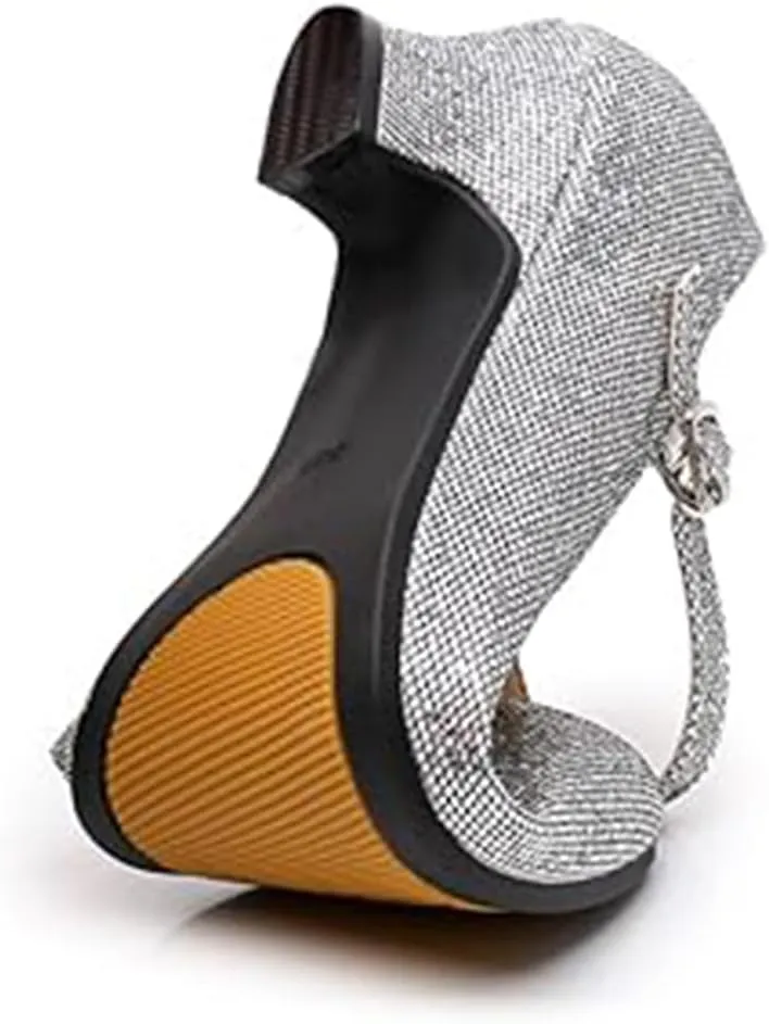 Women’s Ballroom Latin Dance Shoes, Glitter Leather Closed Toe Heels Shoes Cowhide Sole for Indoors