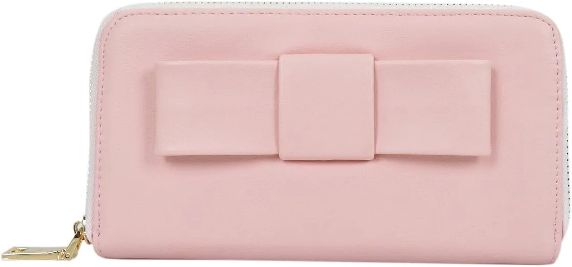 Women's Bow Front PU Leather Zip Around Wallet, Pink