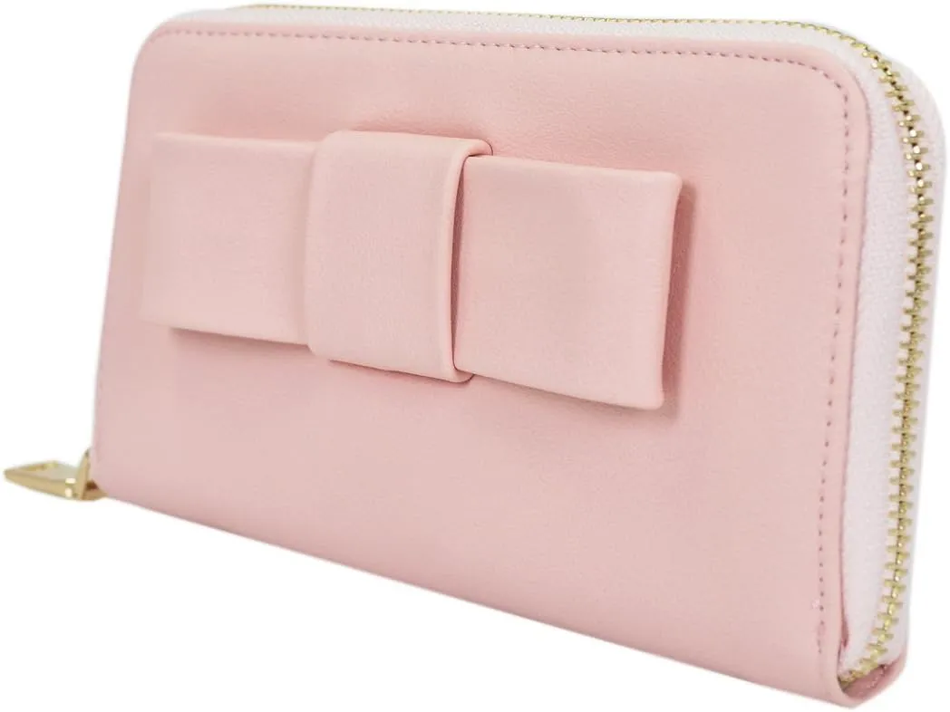 Women's Bow Front PU Leather Zip Around Wallet, Pink