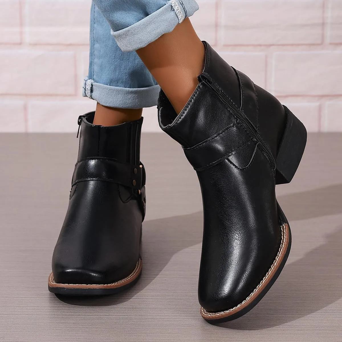 Womens Chelsea Boots Comfortable Round Toe Slip On Ankle Bootie Chunky Low Heel Booties Side Zipper Rivet Studded Shoes