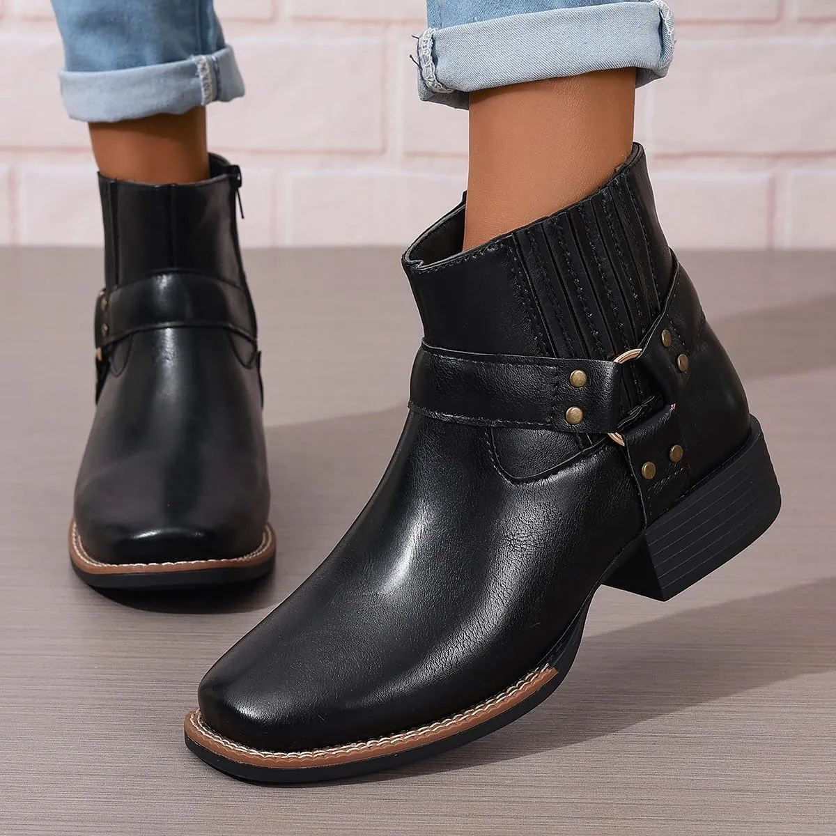 Womens Chelsea Boots Comfortable Round Toe Slip On Ankle Bootie Chunky Low Heel Booties Side Zipper Rivet Studded Shoes