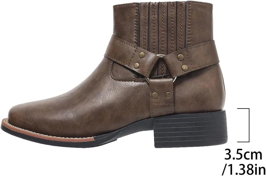 Womens Chelsea Boots Comfortable Round Toe Slip On Ankle Bootie Chunky Low Heel Booties Side Zipper Rivet Studded Shoes