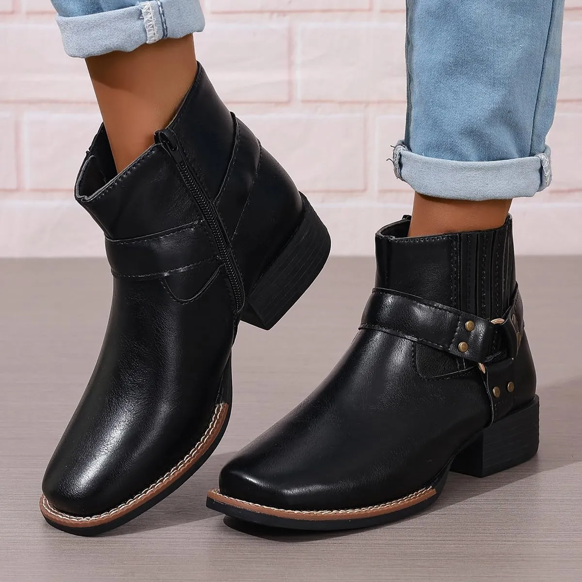Womens Chelsea Boots Comfortable Round Toe Slip On Ankle Bootie Chunky Low Heel Booties Side Zipper Rivet Studded Shoes
