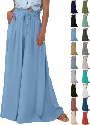 Women's Flowy Linen Pants Casual Wide Leg Pants Comfy Baggy High Waisted Palazzo Pants Beach Pants with Pockets