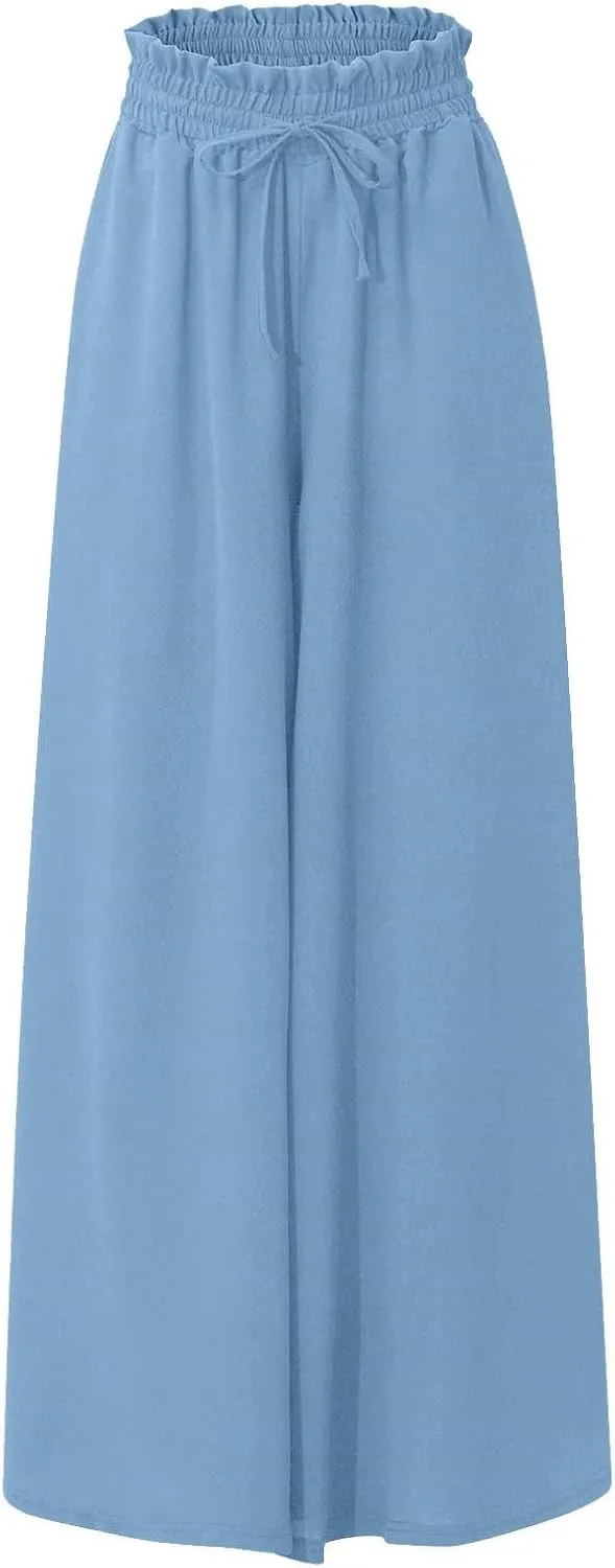 Women's Flowy Linen Pants Casual Wide Leg Pants Comfy Baggy High Waisted Palazzo Pants Beach Pants with Pockets