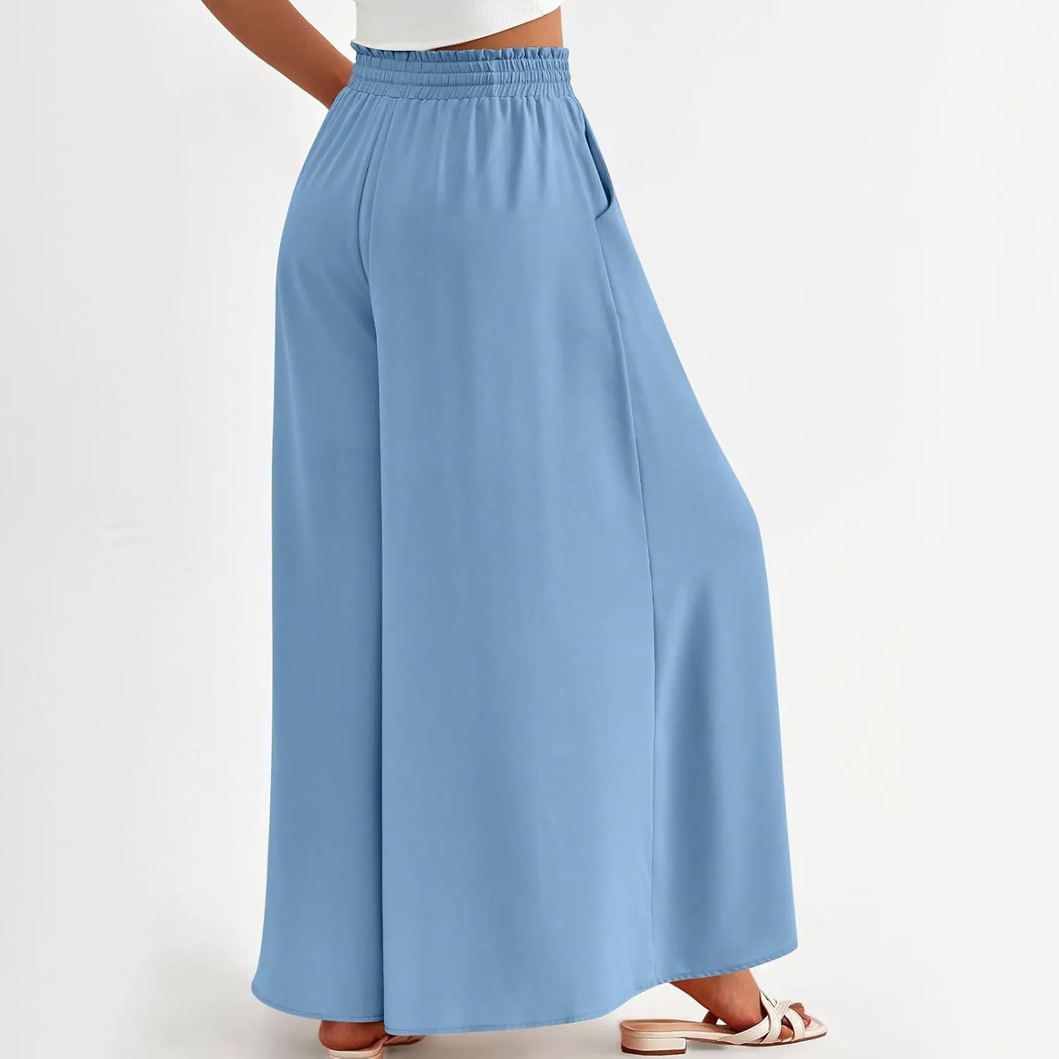 Women's Flowy Linen Pants Casual Wide Leg Pants Comfy Baggy High Waisted Palazzo Pants Beach Pants with Pockets
