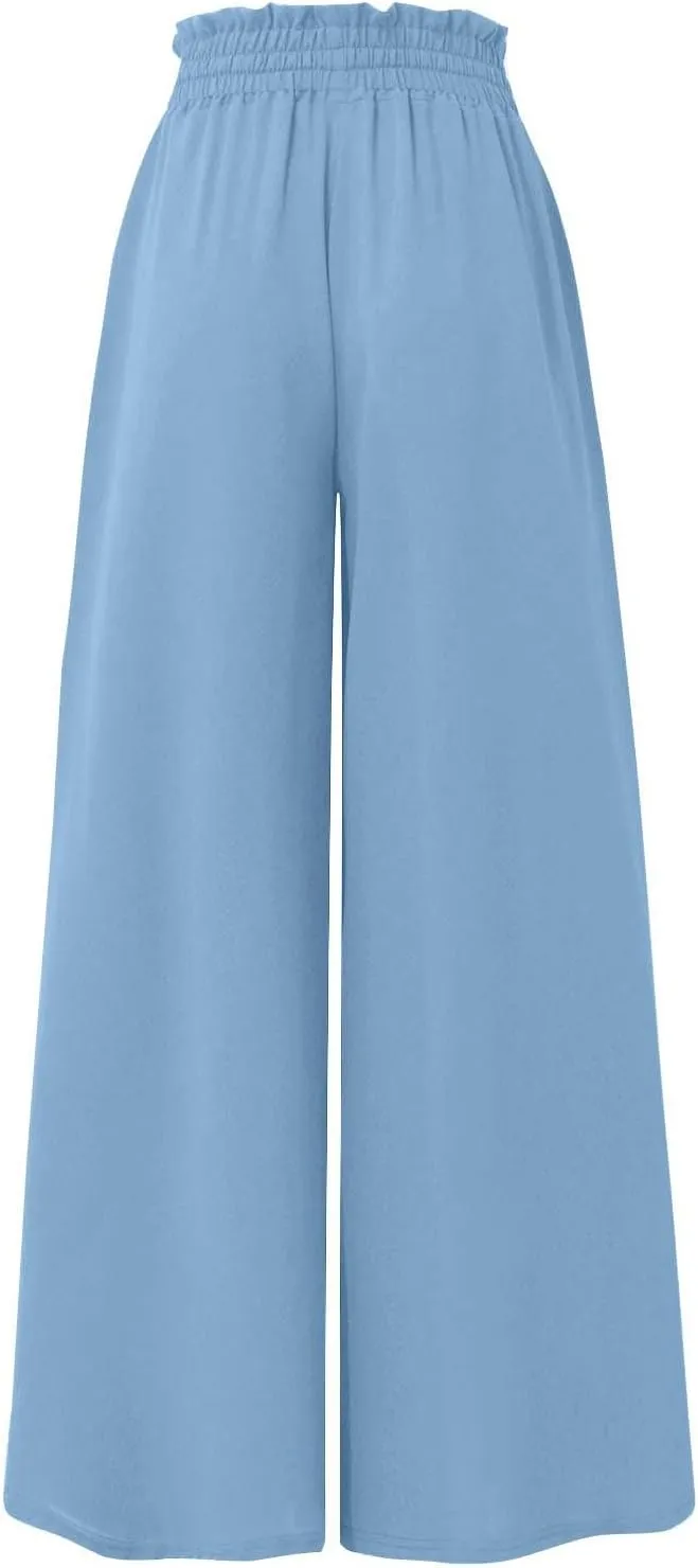 Women's Flowy Linen Pants Casual Wide Leg Pants Comfy Baggy High Waisted Palazzo Pants Beach Pants with Pockets