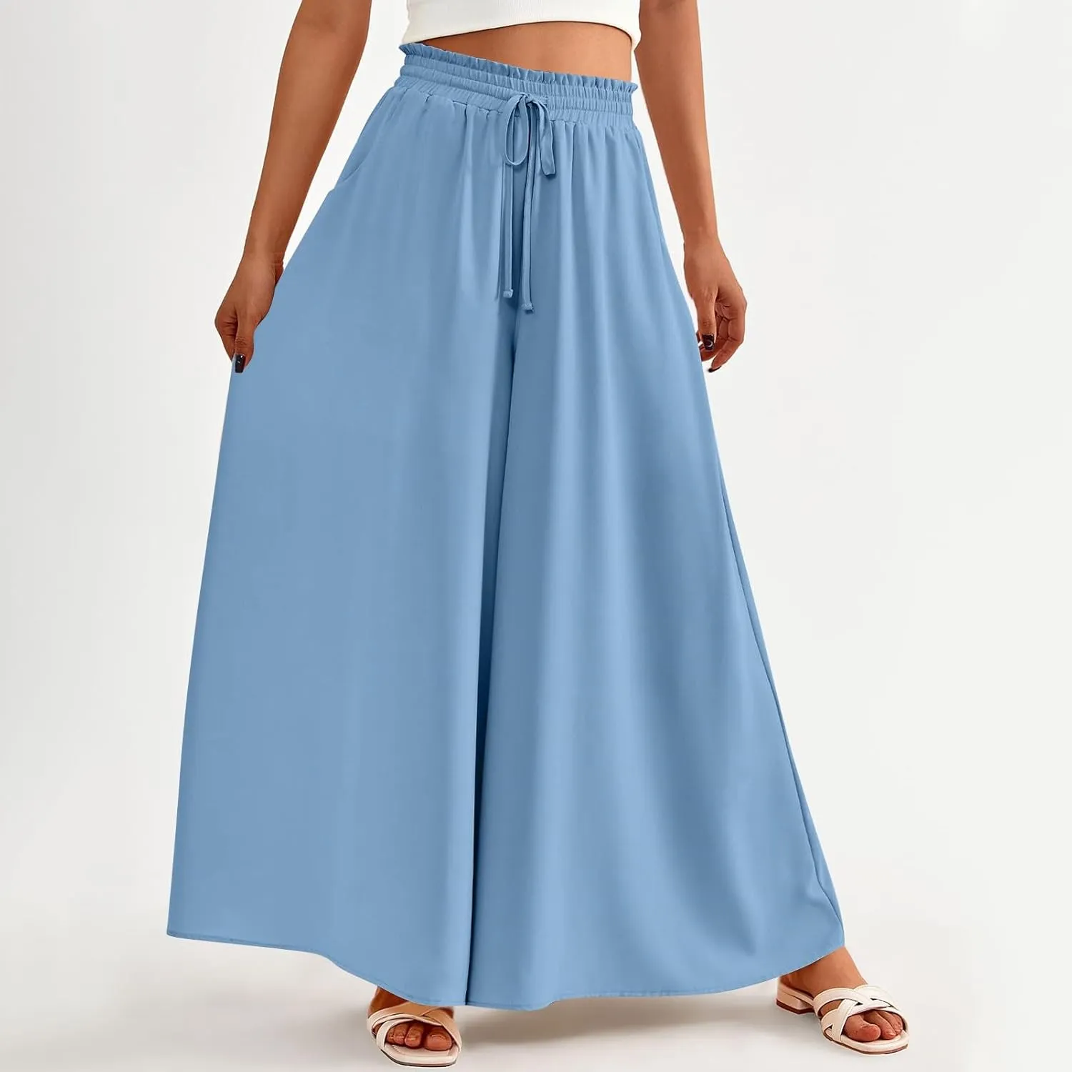 Women's Flowy Linen Pants Casual Wide Leg Pants Comfy Baggy High Waisted Palazzo Pants Beach Pants with Pockets