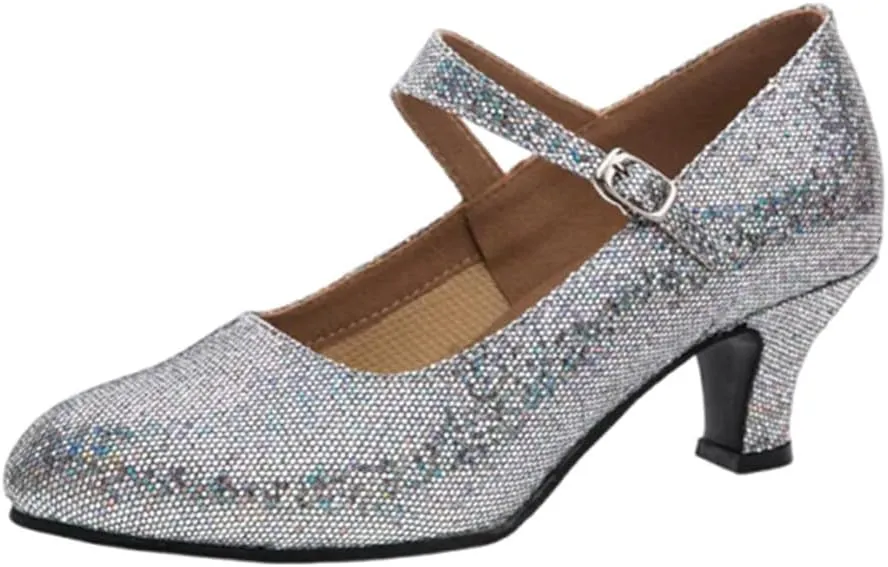Women's Glitter Leather Latin Ballroom Dance Shoes Closed Toe Y Strap Cowhide Sole Dancing Heels Salsa, Party Dress Shoes Low Heels, Ankle Strap Pumps