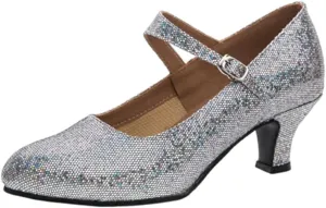 Women's Glitter Leather Latin Ballroom Dance Shoes Closed Toe Y Strap Cowhide Sole Dancing Heels Salsa, Party Dress Shoes Low Heels, Ankle Strap Pumps