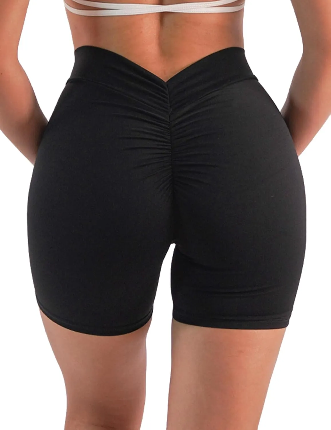 Women's High Waisted Workout Shorts - Butt Lifting Yoga Short Pants with V-Cut Back, 4-Way Stretch Gym Biker Shorts