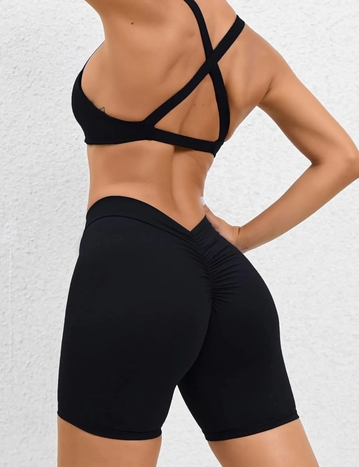 Women's High Waisted Workout Shorts - Butt Lifting Yoga Short Pants with V-Cut Back, 4-Way Stretch Gym Biker Shorts