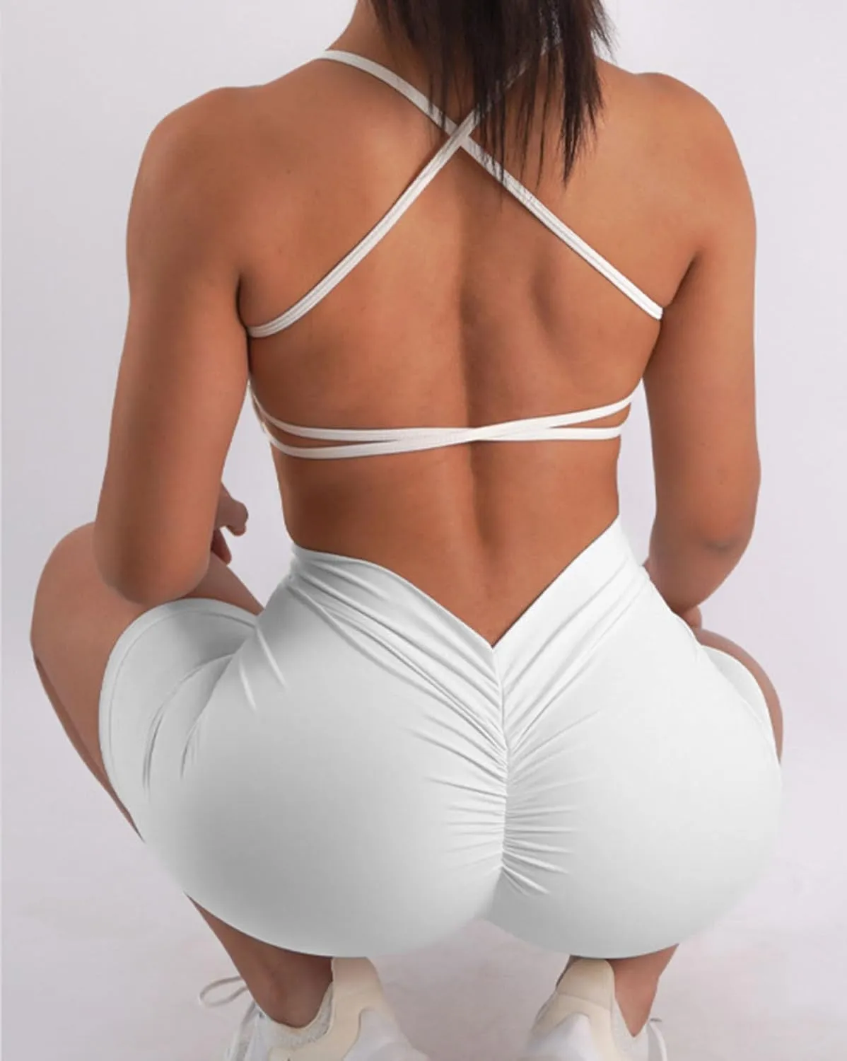 Women's High Waisted Workout Shorts - Butt Lifting Yoga Short Pants with V-Cut Back, 4-Way Stretch Gym Biker Shorts