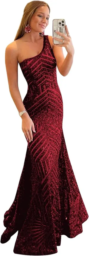 Womens One Shoulder Sequin Mermaid Corset Prom Dresses for Teens Sparkly Long Formal Evening Ball Gown ZN012