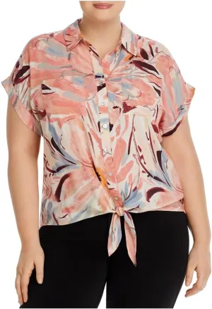 Womens Pink Pocketed Rolled Cuffs Curved Tie Hem Printed Short Sleeve Button Up Top Plus 2X