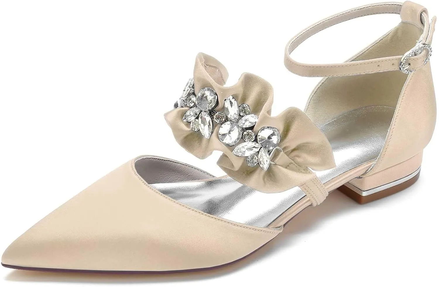 Women's Pointed Toe Satin Wedding Flats for Bride Comfortable Lace Bridal Shoes Formal Closed Toe Buckle Flats Ballet Flats