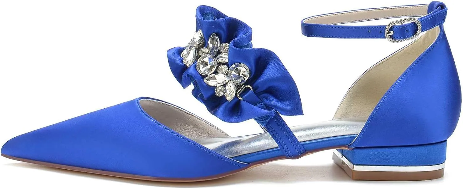 Women's Pointed Toe Satin Wedding Flats for Bride Comfortable Lace Bridal Shoes Formal Closed Toe Buckle Flats Ballet Flats