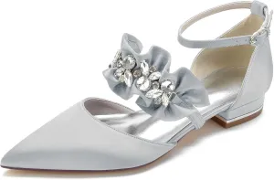Women's Pointed Toe Satin Wedding Flats for Bride Comfortable Lace Bridal Shoes Formal Closed Toe Buckle Flats Ballet Flats