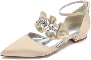 Women's Pointed Toe Satin Wedding Flats for Bride Comfortable Lace Bridal Shoes Formal Closed Toe Buckle Flats Ballet Flats