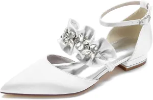 Women's Pointed Toe Satin Wedding Flats for Bride Comfortable Lace Bridal Shoes Formal Closed Toe Buckle Flats Ballet Flats