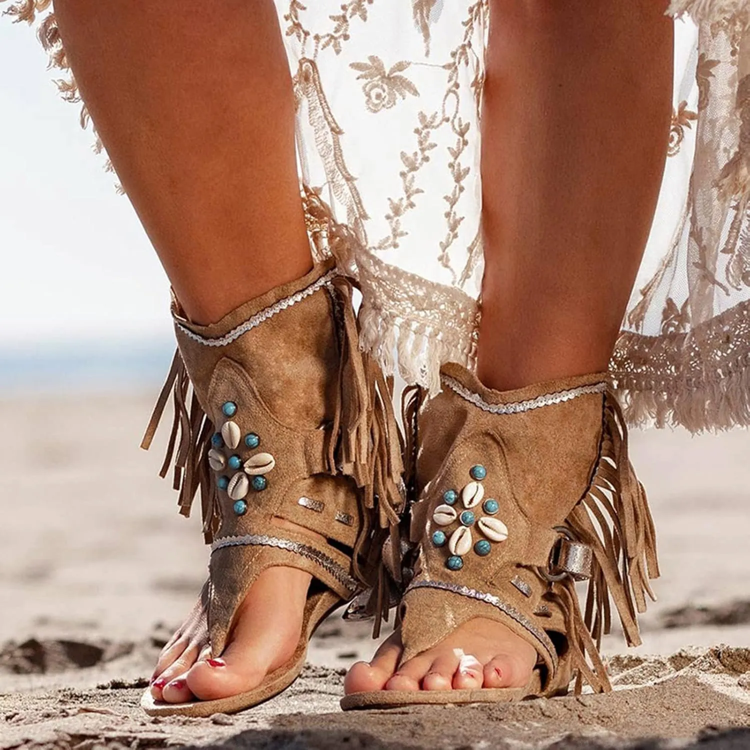 Womens Sandals Comfortable Dressy Boho Suede Thong Sandals Tassel Shell Indian Khaki Zipper Back Flats Summer Beach Slide