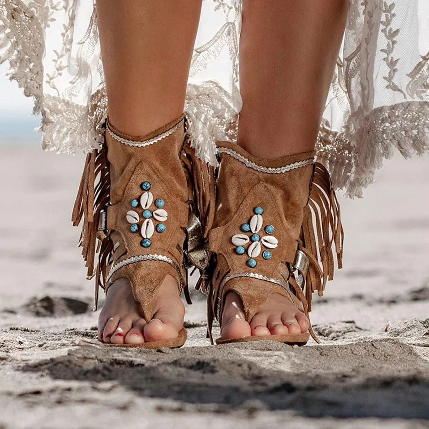 Womens Sandals Comfortable Dressy Boho Suede Thong Sandals Tassel Shell Indian Khaki Zipper Back Flats Summer Beach Slide