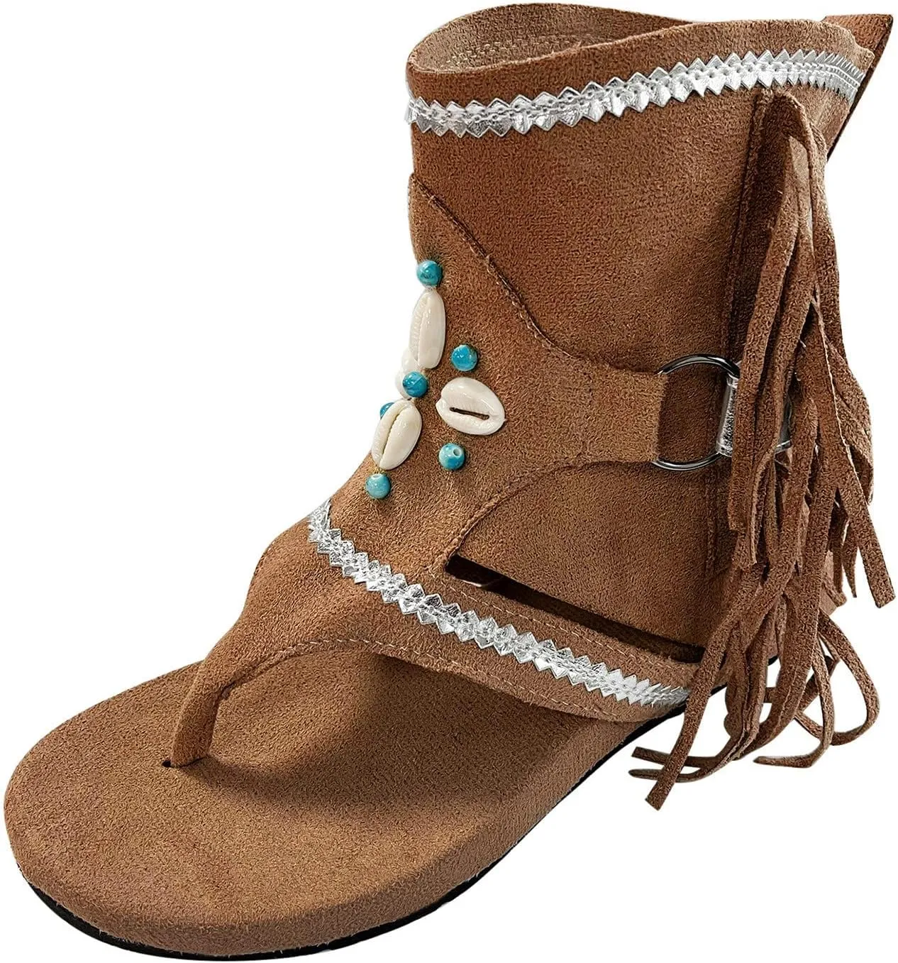 Womens Sandals Comfortable Dressy Boho Suede Thong Sandals Tassel Shell Indian Khaki Zipper Back Flats Summer Beach Slide