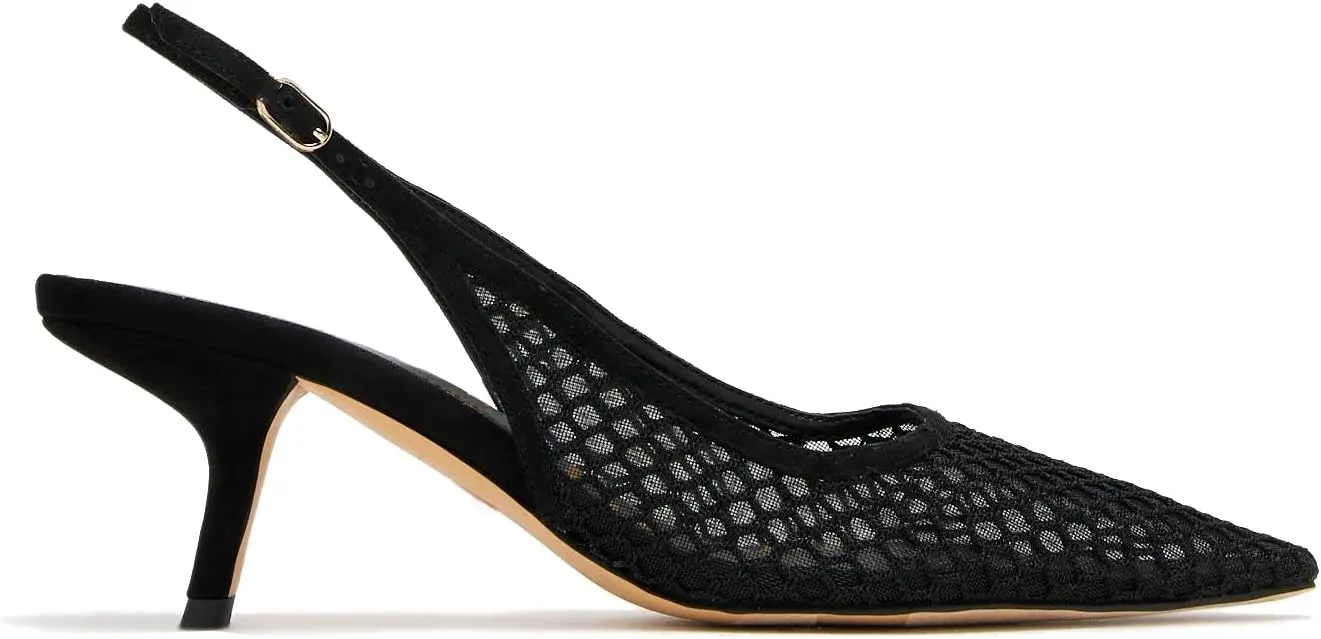 Women's Slingback Kitten Low Heels Mesh Pumps Closed Pointed Toe Dress Lace Shoes