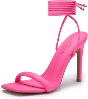 Women's Stiletto Lace up Heels Square Toe Strappy Heels Sandals Open Toe Party Wedding Shoes