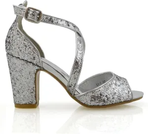 Womens Strappy Sandals Block Low Mid Heel Sparkly Glitter Ladies Bridal Party Dressy Shoes