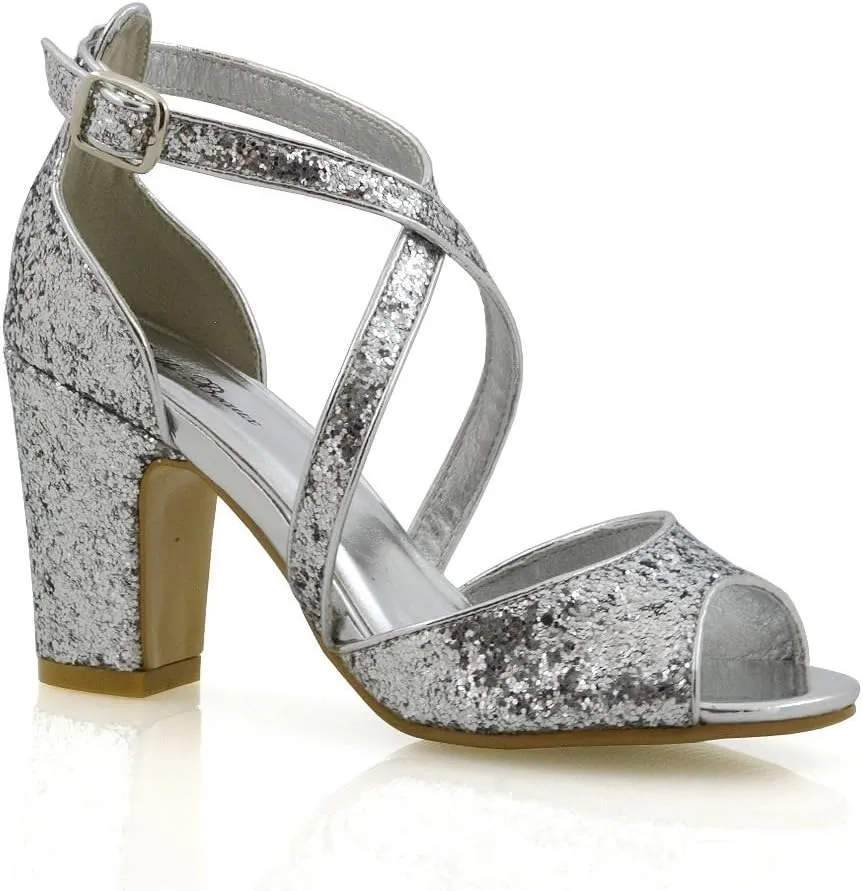 Womens Strappy Sandals Block Low Mid Heel Sparkly Glitter Ladies Bridal Party Dressy Shoes