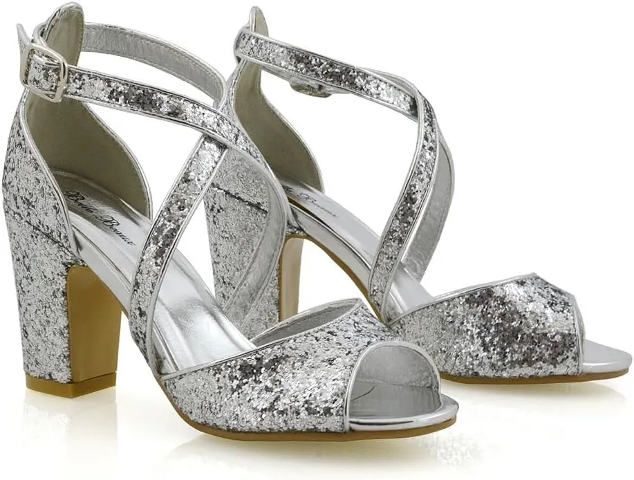 Womens Strappy Sandals Block Low Mid Heel Sparkly Glitter Ladies Bridal Party Dressy Shoes
