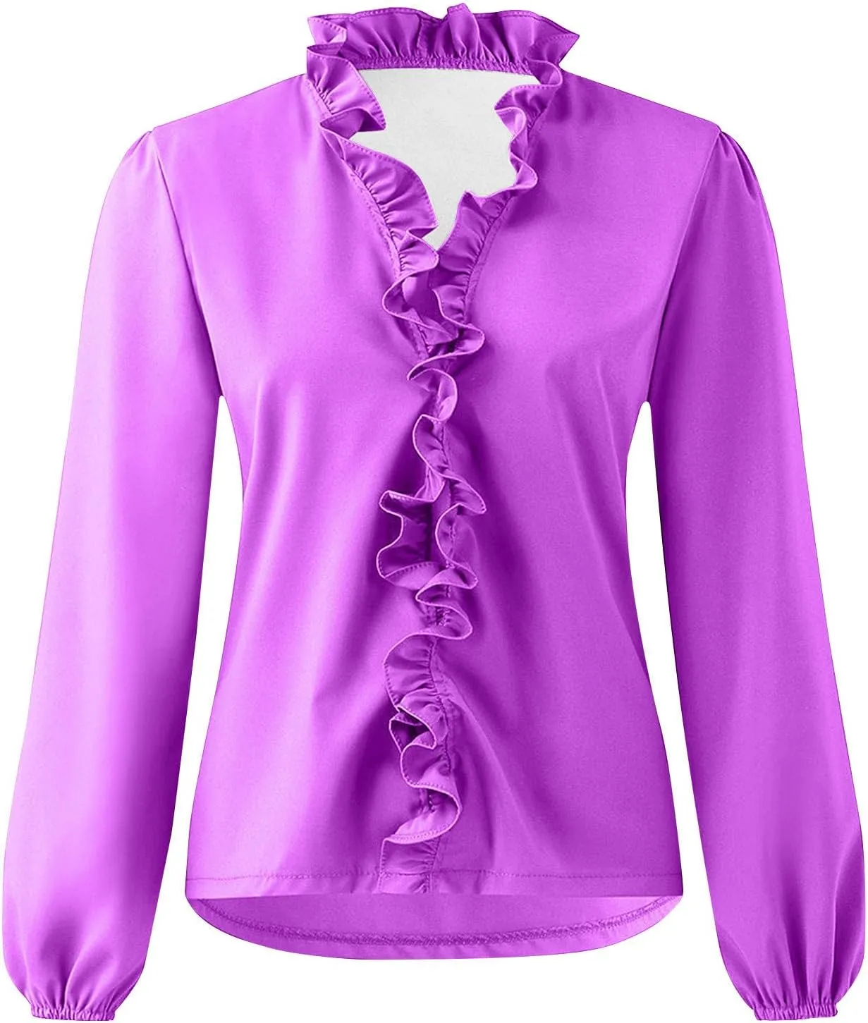 Womens Tops Long Sleeve Loose Fit Ruffle Hem V Neck Solid Button Down Shirt Causal Dressy Blouse Fall Outfits Clothes