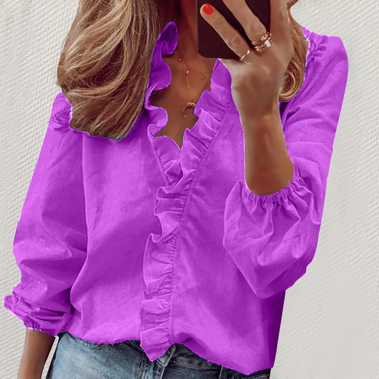 Womens Tops Long Sleeve Loose Fit Ruffle Hem V Neck Solid Button Down Shirt Causal Dressy Blouse Fall Outfits Clothes
