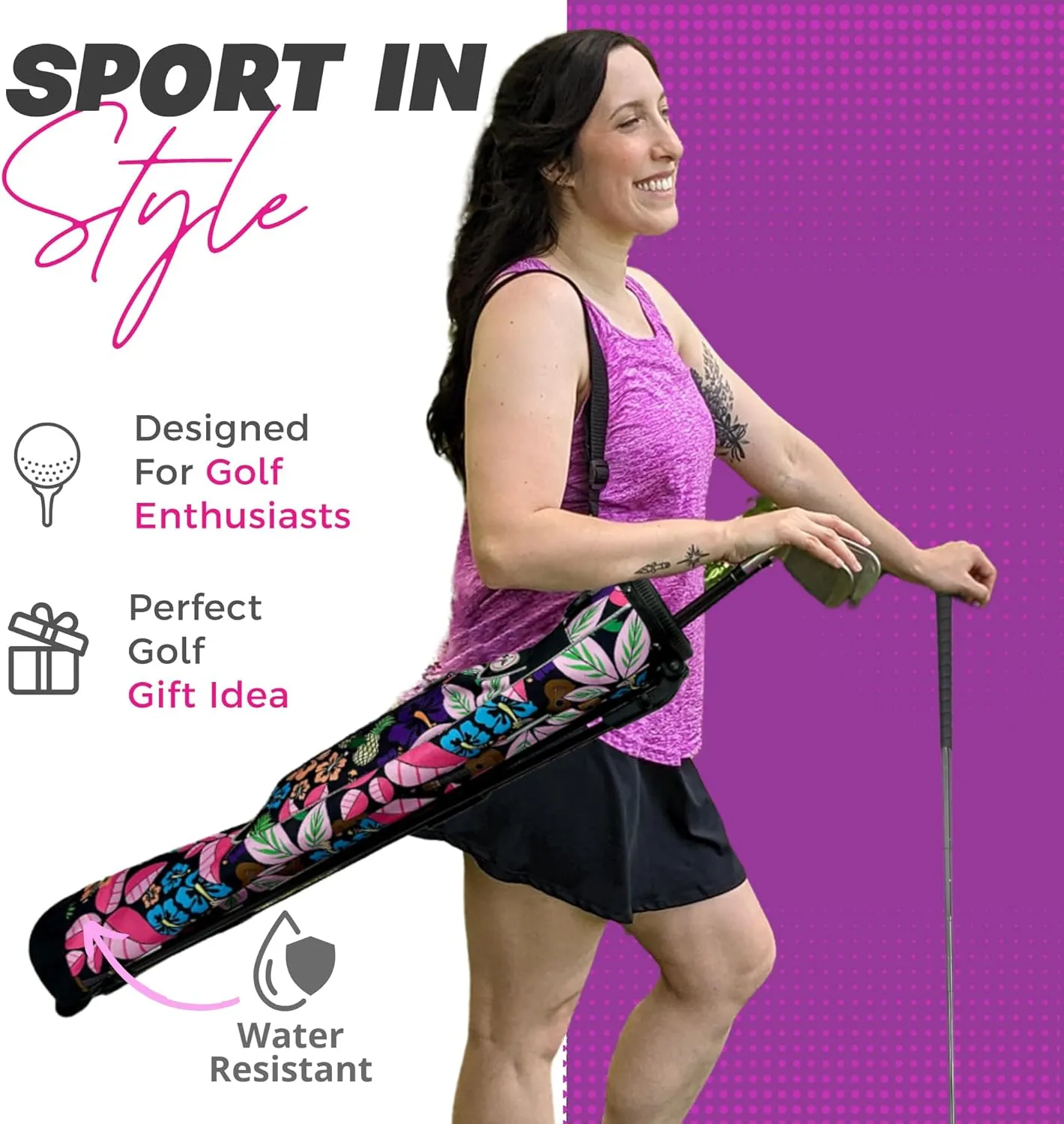Women's Ultralight Sunday Golf Bag | Taboo Fashions Stand Bag | Range Bag, Par 3, Executive Course | Self Flexing Stand, Adjustable Strap (Floral)