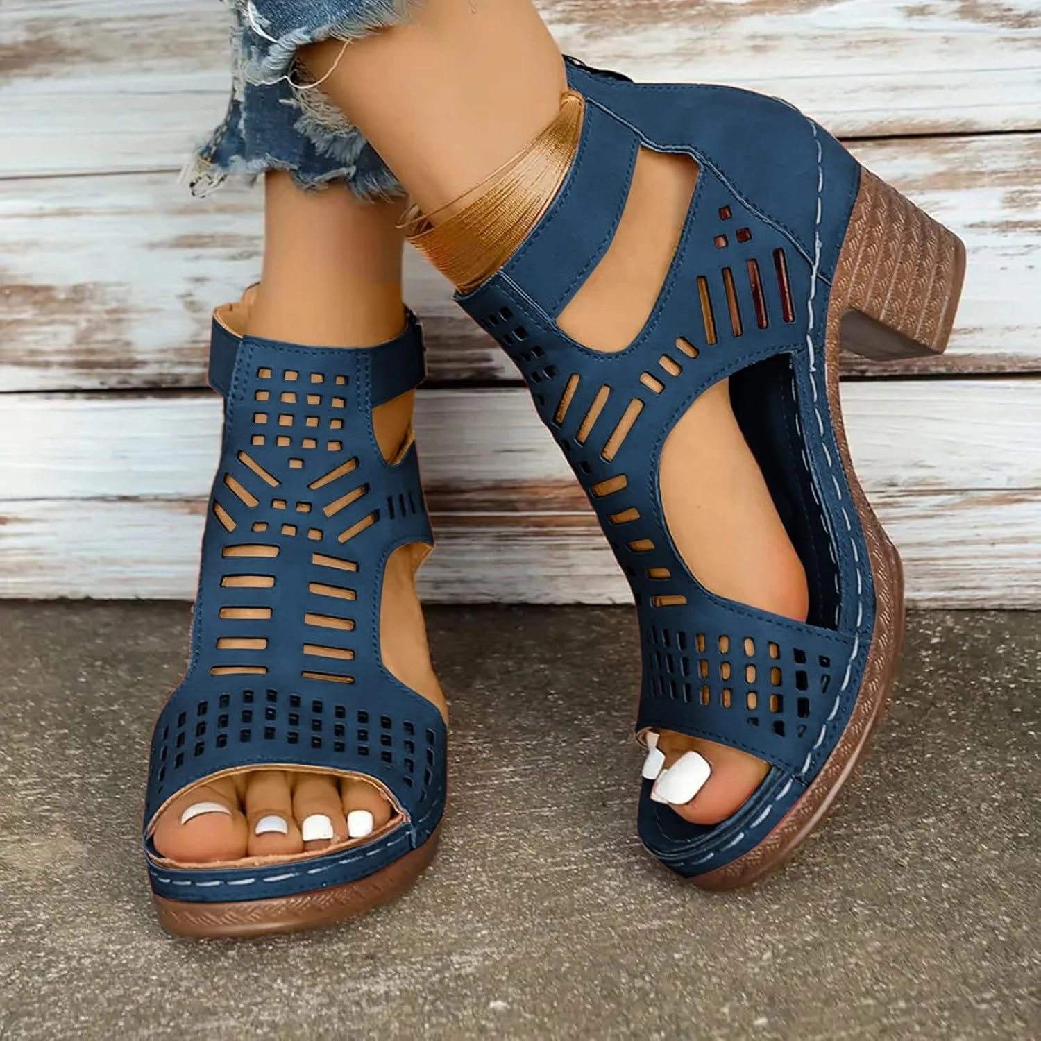 Womens Chunky Heel Open Toe Ankle Strap Zipper Back High Heel Sandals Cutout Heels Buckle Booties Heeled Sandals