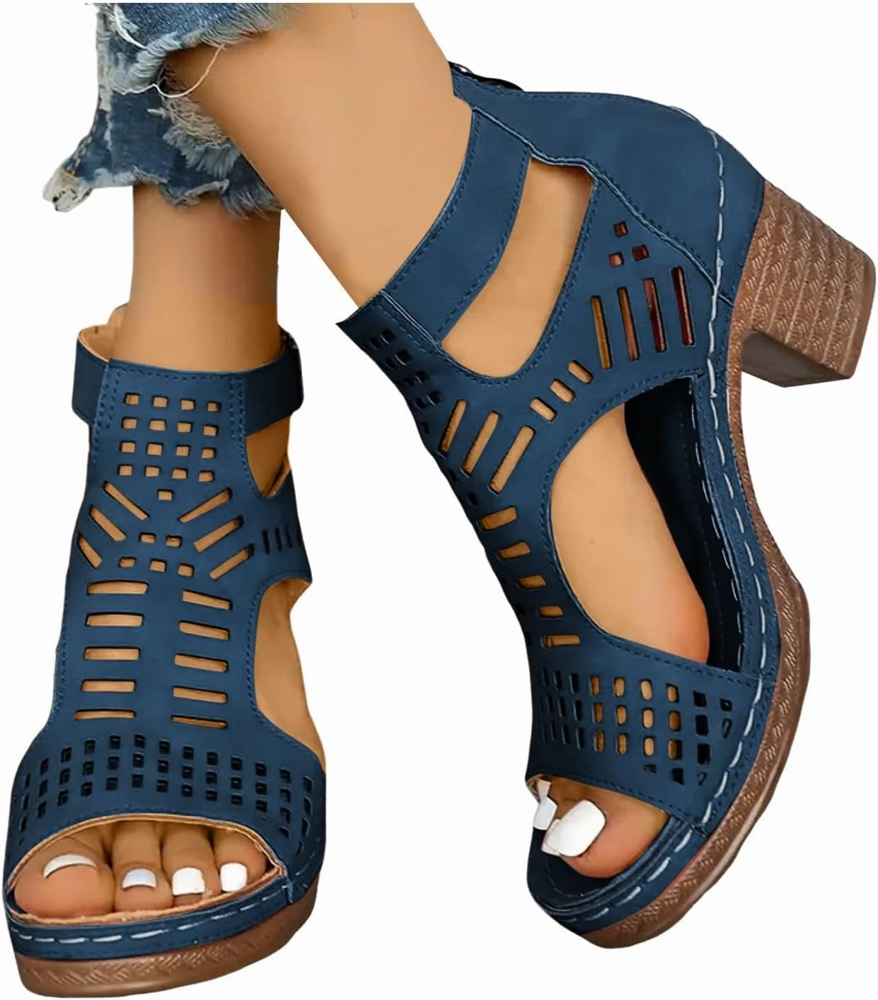 Womens Chunky Heel Open Toe Ankle Strap Zipper Back High Heel Sandals Cutout Heels Buckle Booties Heeled Sandals