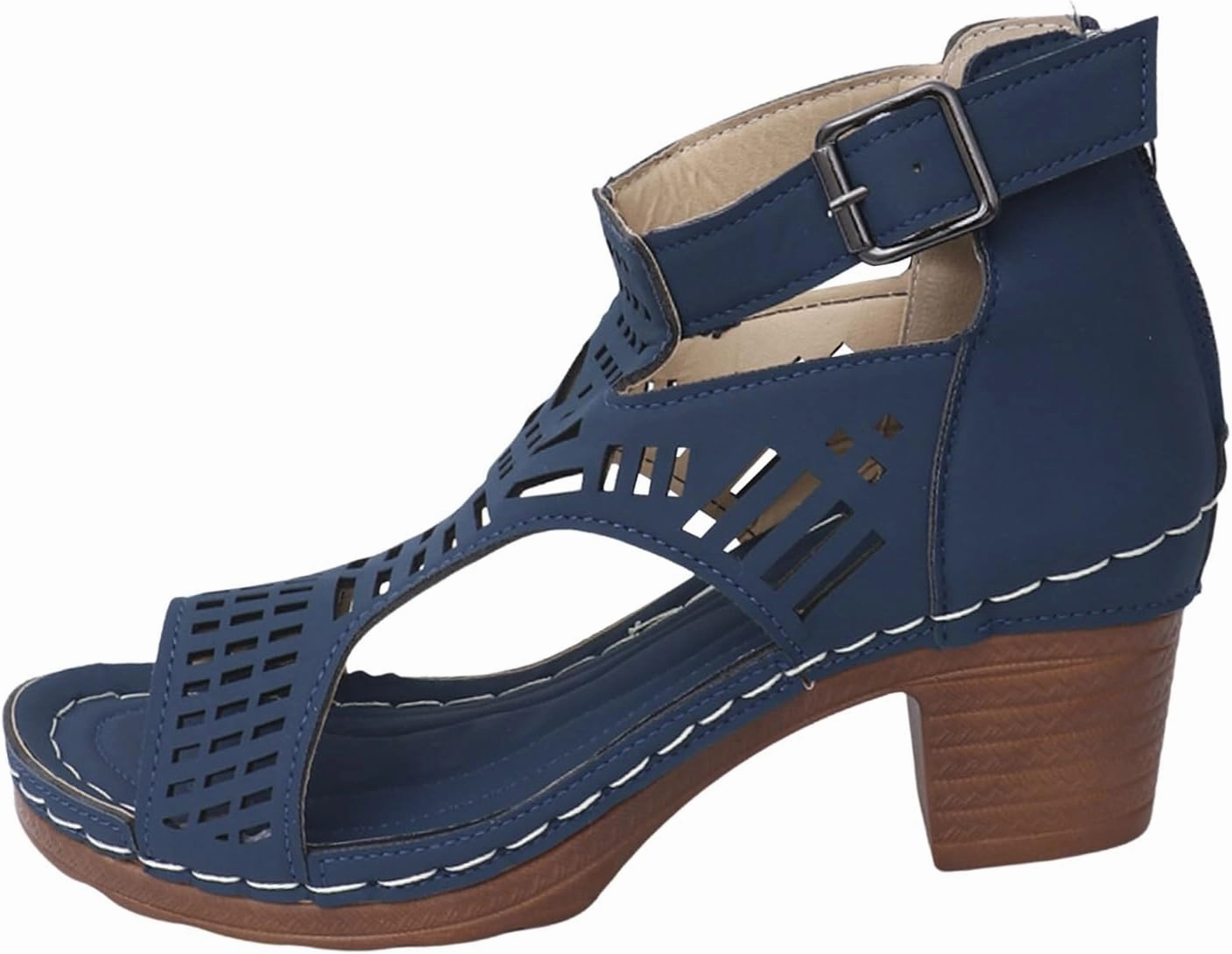 Womens Chunky Heel Open Toe Ankle Strap Zipper Back High Heel Sandals Cutout Heels Buckle Booties Heeled Sandals