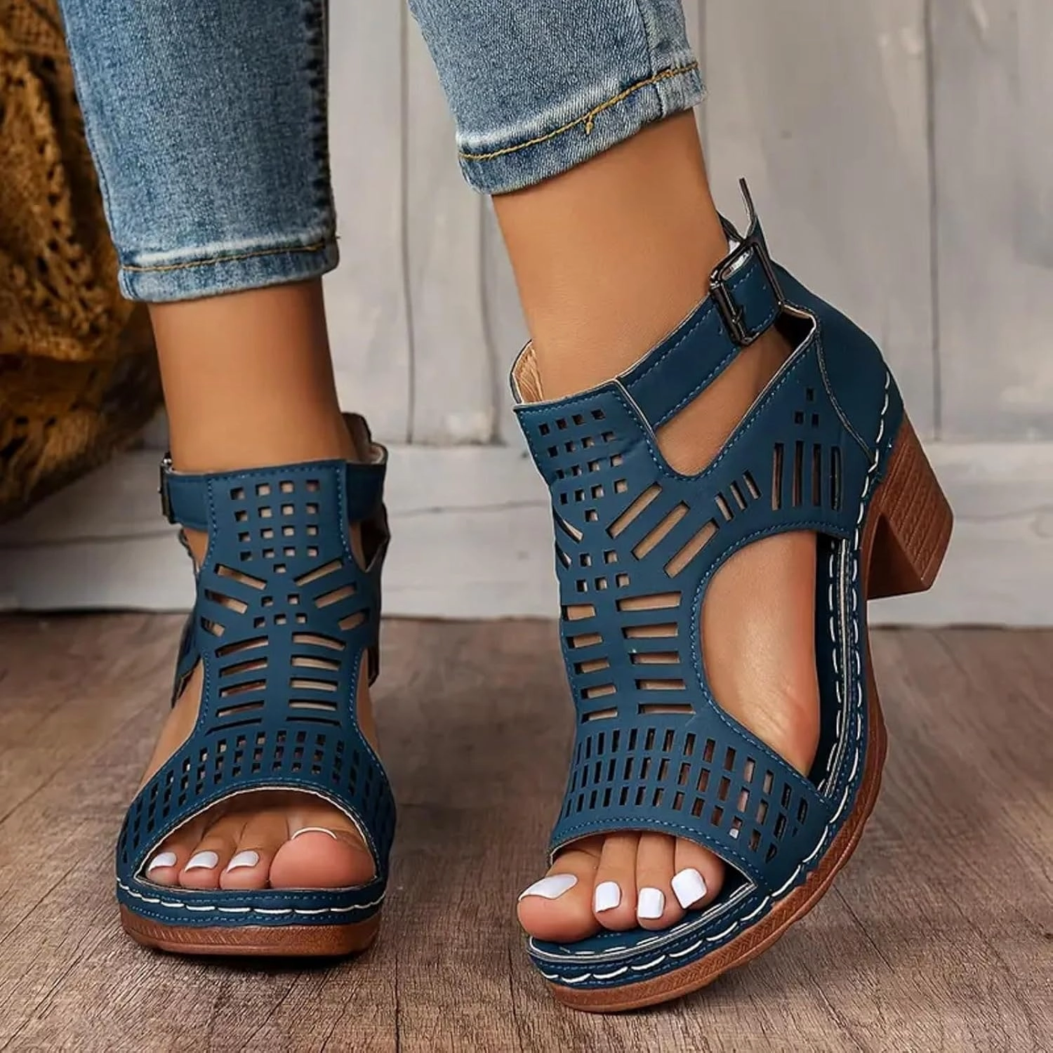 Womens Chunky Heel Open Toe Ankle Strap Zipper Back High Heel Sandals Cutout Heels Buckle Booties Heeled Sandals