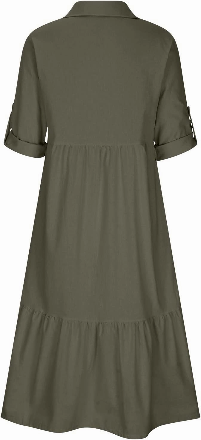 Womens Cotton Linen Dress Casual Roll Up Sleeve Flowy Casual Dresses Button Up Lapel Collar Empire Waist Dresses