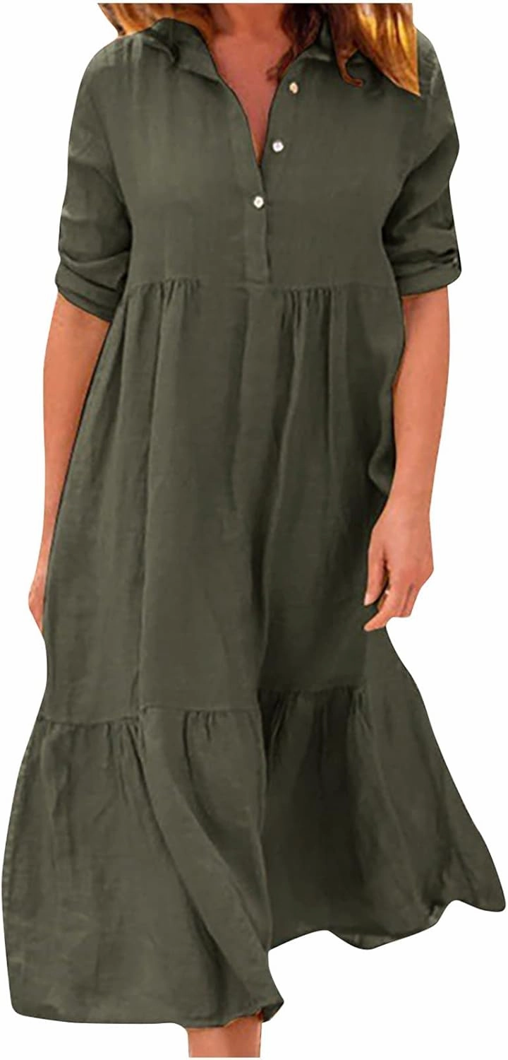 Womens Cotton Linen Dress Casual Roll Up Sleeve Flowy Casual Dresses Button Up Lapel Collar Empire Waist Dresses