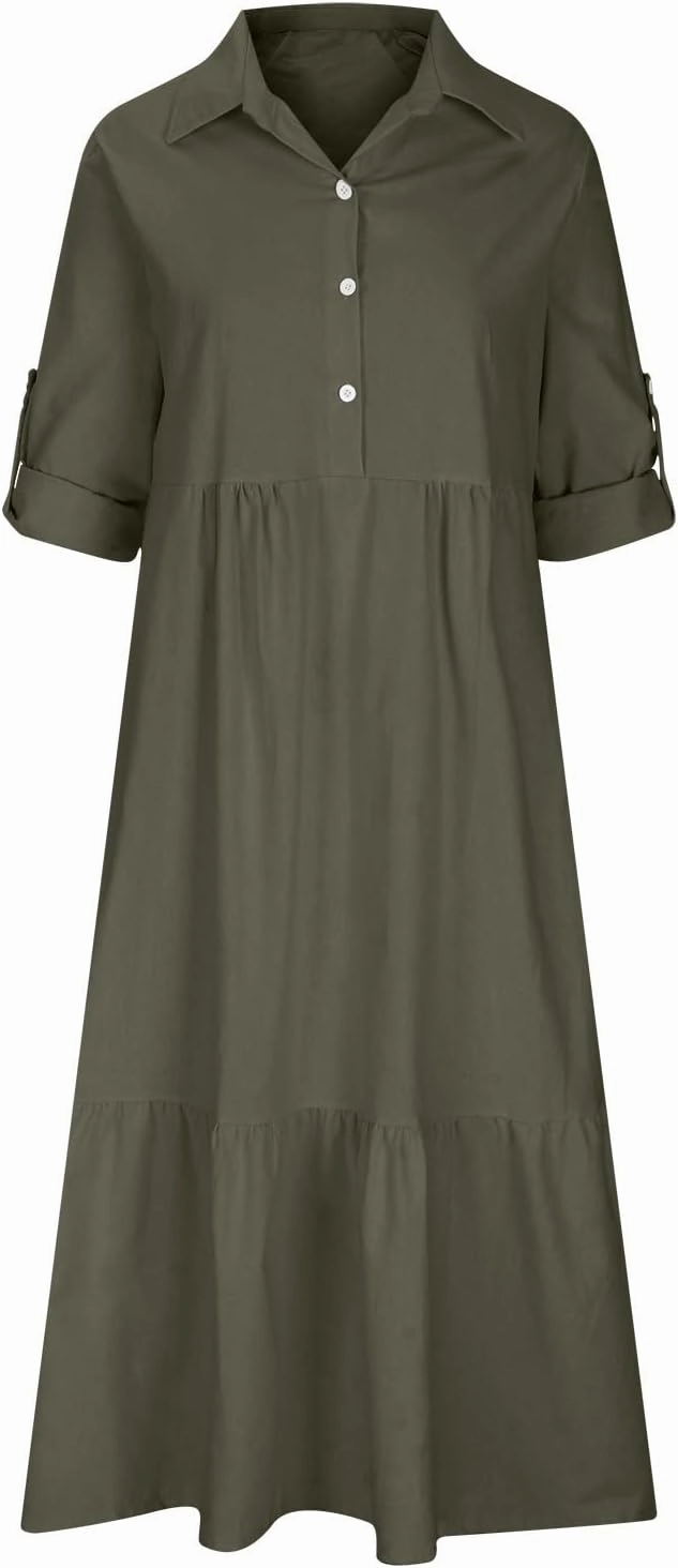 Womens Cotton Linen Dress Casual Roll Up Sleeve Flowy Casual Dresses Button Up Lapel Collar Empire Waist Dresses