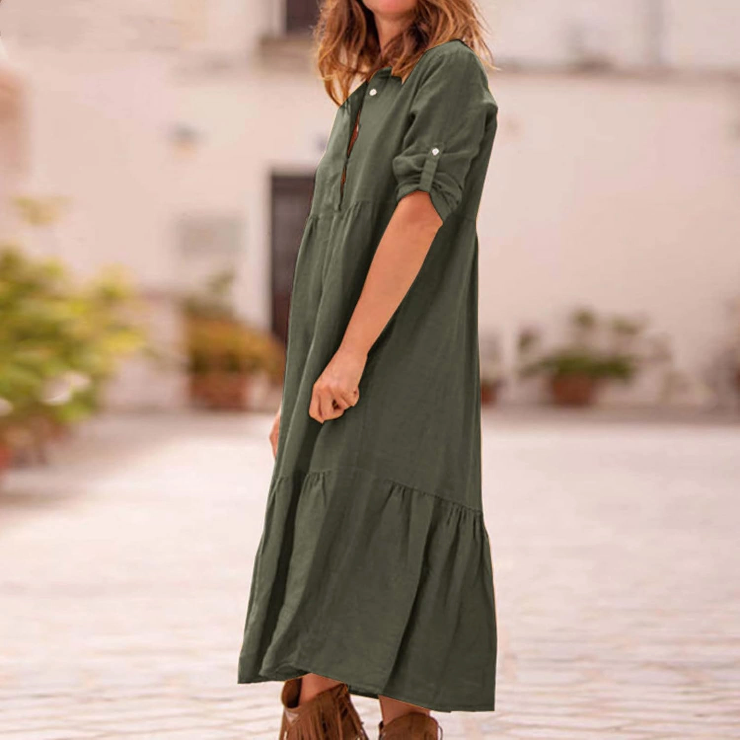Womens Cotton Linen Dress Casual Roll Up Sleeve Flowy Casual Dresses Button Up Lapel Collar Empire Waist Dresses