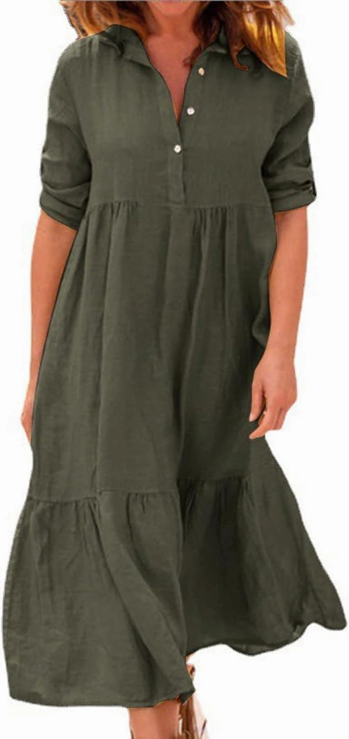 Womens Cotton Linen Dress Casual Roll Up Sleeve Flowy Casual Dresses Button Up Lapel Collar Empire Waist Dresses