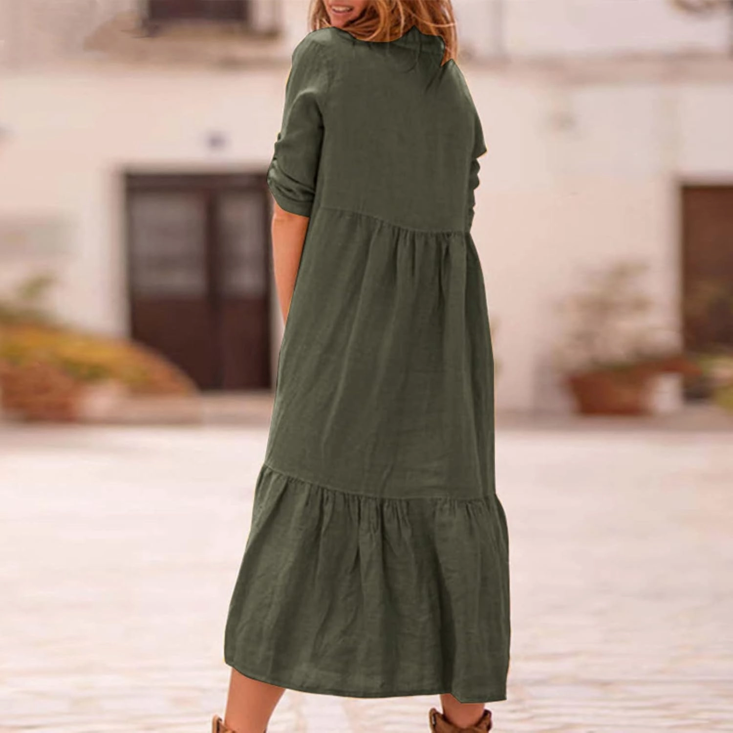 Womens Cotton Linen Dress Casual Roll Up Sleeve Flowy Casual Dresses Button Up Lapel Collar Empire Waist Dresses
