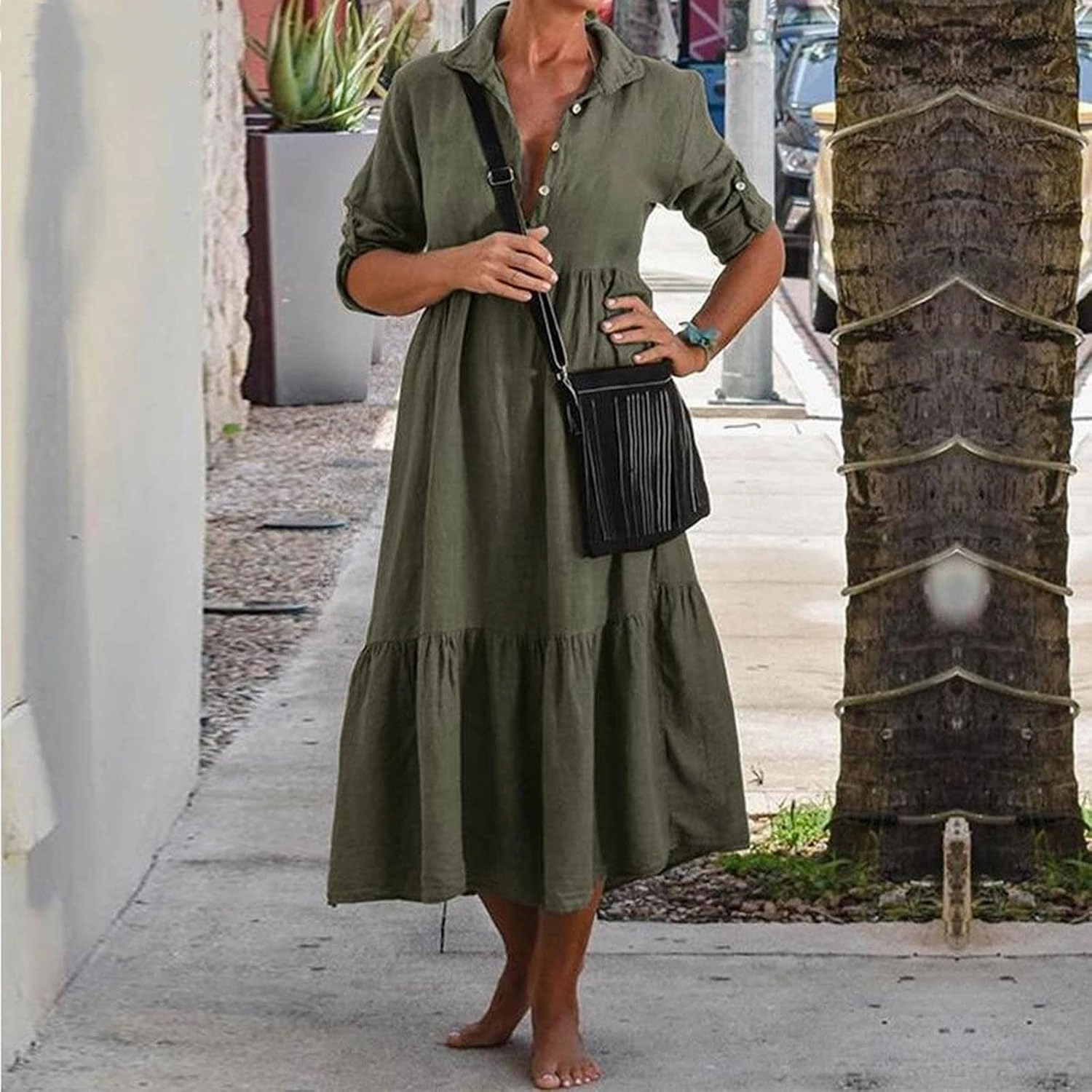 Womens Cotton Linen Dress Casual Roll Up Sleeve Flowy Casual Dresses Button Up Lapel Collar Empire Waist Dresses