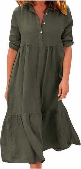 Womens Cotton Linen Dress Casual Roll Up Sleeve Flowy Casual Dresses Button Up Lapel Collar Empire Waist Dresses