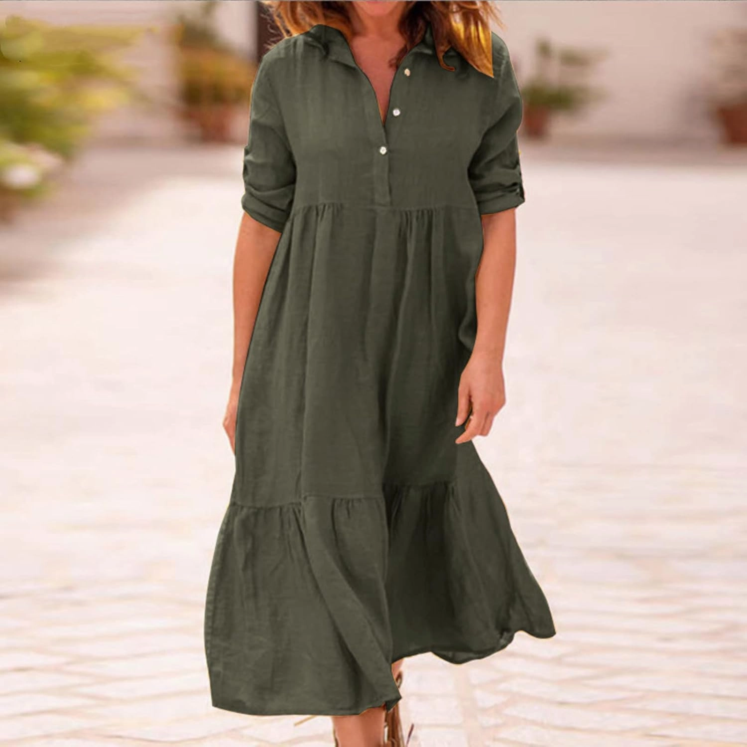 Womens Cotton Linen Dress Casual Roll Up Sleeve Flowy Casual Dresses Button Up Lapel Collar Empire Waist Dresses